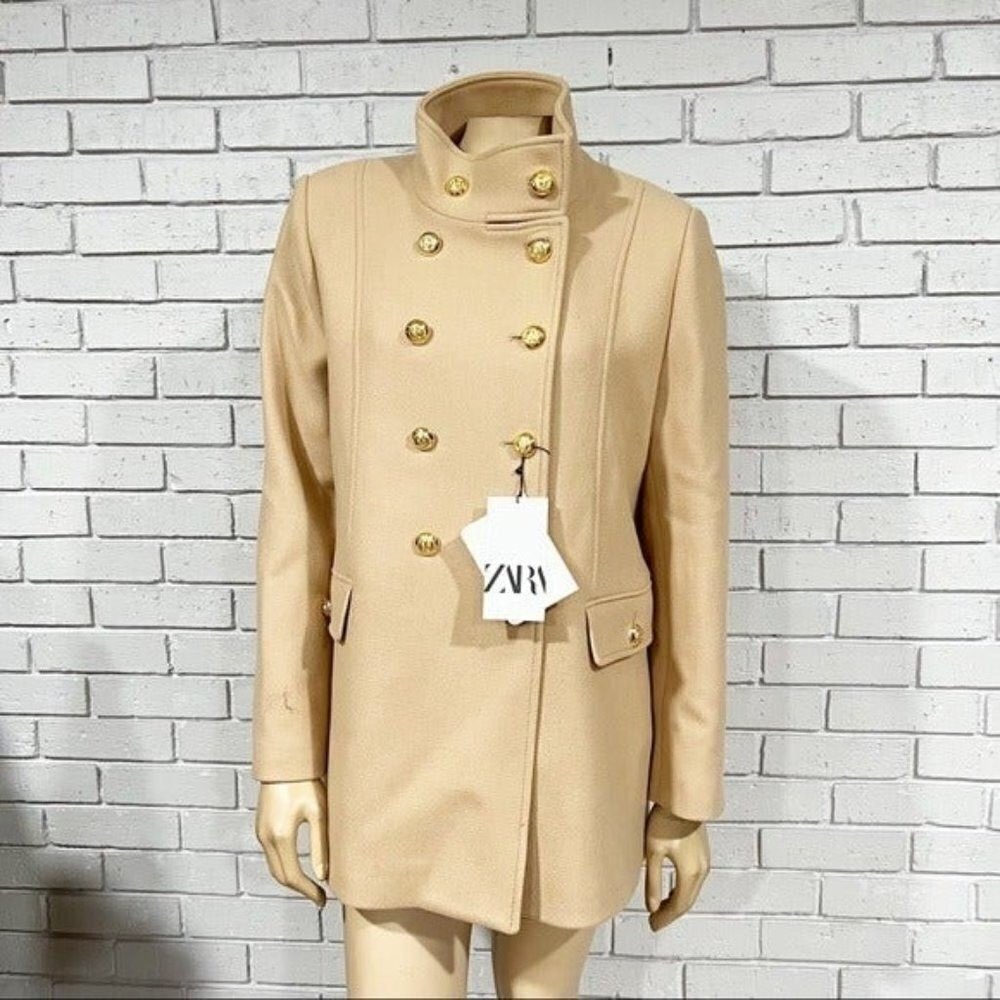 Zara Gold Button Wool Blend Coat Preppy Old Money Classic Statement XL NWT